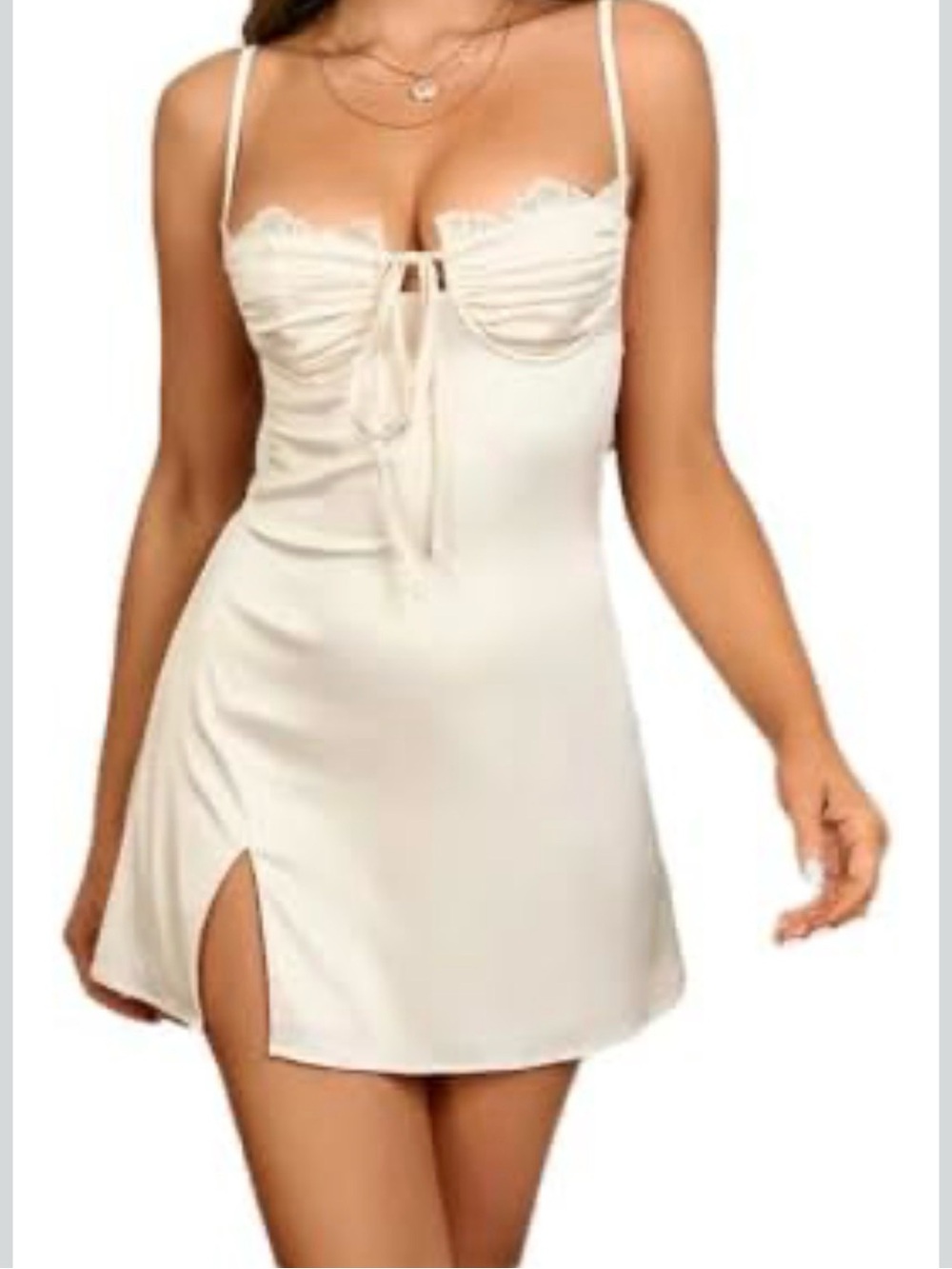 Cream Lace-Trim Mini Dress with Front Tie